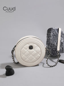Cuud Fashion Quilted Chain Strap Small round Bag Womens Handbag Soft Leather White Modern Neutral Style Casual Zipper Closure