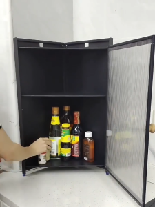 BMZAR 4 Tier Kitchen Corner Spice Cabinet with Door Iron Frame Dustproof Seasoning Rack Countertop Wall Mounted Organizer for Jars Oils Sauces