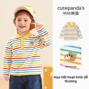 CUTEPANDAS | Áo Thun Dài Tay Cổ Polo Cho Trẻ Em Mùa Thu Có Sọc