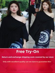 Zhaolu Si Celebrity Black Shoulder Bared Shawl Top Womens Early Autumn High Waist Printed Mini Skirt Elegant Set