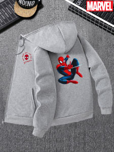 A Mens Black Zipper Hoodie with A Spider-Man Graphic and Sleeve Logo Casual Sweatshirt Worn on The Street Byfans of Superheroes