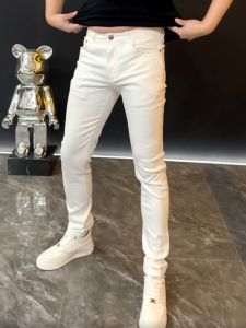 White Slim Fit Jeans Mens Summer Fashion Pure Color Casual Pants European Style Comfortable Breathable Wear Resistant