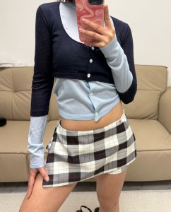 เสื้อคาร์ดิแกนถักคอตตอนไหมสีบล็อกสไตล์ทำงาน ปกปิดไหล่ แขนยาว ปกปิดไหล่ แขนยาว เสื้อคลุมคาร์ดิแกนถักลาย