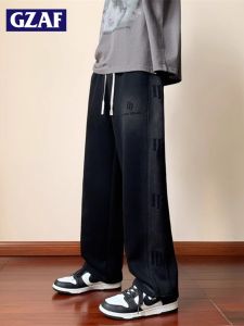 GZAF New Student Wide Leg Pants Mens Thickened Fleece Sports Sweatpants Teenagers Long Casual Pants American Style Cotton Blend