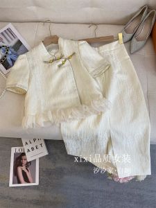 New Chinese Style Womens Fashion Set Summer 2025 Floral Petal Short Sleeve Top Half Skirt Two-Piece Suit Elegant Lady Outfit