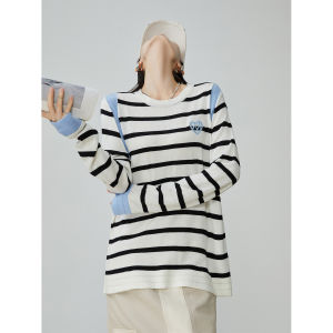 Color Block Striped Heart Knitwear Womens Thin Long Sleeve Loose Top Trendy Overhead T-Shirt Commute Simple Style Polyester Fiber
