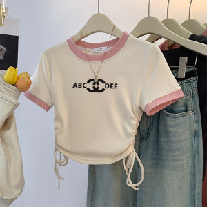 Girls Short Sleeve T-Shirt Pure Cotton Slim Fit Waist Cinched Summer Clothing Cartoon Print Drawstring Kids Fashion Top