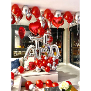 29 ชิ้นลูกโป่งและ 200 ชิ้นกลีบเงิน TE AMO Letter ชุด I Love You บอลลูน Metallic Silver & หัวใจสีแดงสําหรับวันวาเลนไทน์