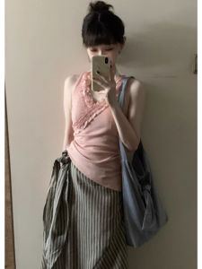 chaqi | Retro Asymmetrical Sleeveless Vest New Design Summer Pink Womens Waist-Cinching Strap Elegant Slimming Top Chic