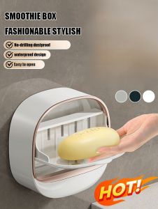 ✅High-Grade Light Luxury Soap Box With Lid✅ Drain Dustproof No-Drill Soap Box Removable Cover Bathroom Nail-Free Wallmount Waterproof Soap Box