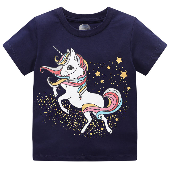 Summer Girls Unicorn T-shirt For Kids Cartoon Unicorns Print Navy