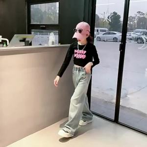 New Jeans 5-16yrs Kids Girls Pants Back Design Pockets Wide Leg Trousers Denim Jeans Baggy Pants Loose Pants Aesthetic Straight Leg Pants New Style