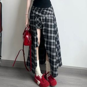 VKSOD | Black Sleeveless Round Neck Vest Top Womens Summer Waist-Cinching Plaid Mini Skirt Set Simple Style Casual Wear Two-Piece Suit