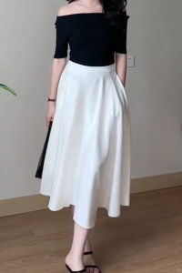 MANMI | French Hepburn Style White High Waist Slimming A-line Skirt