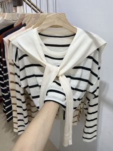 เสื้อคลุมคาร์ดิแกนถักสีขาวบาง แขนยาว ทรงหลวม ลายทาง เสื้อคลุมคาร์ดิแกนสองชิ้น แฟชั่นฤดูใบไม้ร่วง คอตั้ง แขนยาว ปกติ