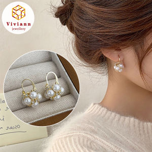 Viviann Original Exquisite Flower Ball Pearl Earrings French Light Luxury Gold Flower Pearl Stud Earrings For Women Korean Zircon Exquisite Earring Party Christmas Jewelry Gift