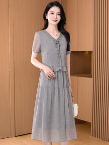 ชุดเดรสผ้าชีฟองสองชิ้นสำหรับผู้หญิง ฤดูร้อน 2025 ชุดกระโปรงทรงเอเอวสูง แขนสั้น สไตล์เกาหลี ชุดทำงาน ชุดเดรสยาวปานกลาง