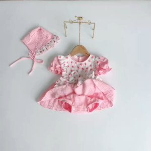 BD225 Body váy hồng cho bé gái sơ sinh RIOKIDS quần áo đầy tháng rửa tội thôi nôi