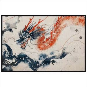 Tranh thủy mặc màu nước rồng đỏ phong thủy. Tranh treo tường dán tường sơn dầu canvas.CGI-2049