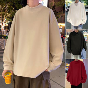 Mens Long Sleeve Base Shirt Half High Neck Knitted Sweater Pure Color Hong Kong Style Dervo Casual Wear for Autumn Winter