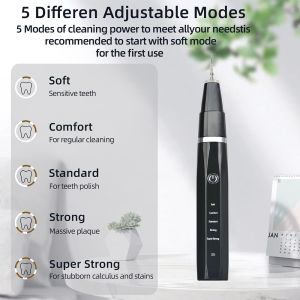 ที่กำจัดคราบจุลินทรีย์สำหรับฟันชุดขจัดหินปูนอุปกรณ์ทำความสะอาดฟันไฟฟ้าสำหรับฟันที่มีไฟ LED ชุดทำความสะอาดฟันแบบชาร์จไฟได้5โหมดพร้อมอุปกรณ์ทำฟันหัวเปลี่ยนได้2หัว