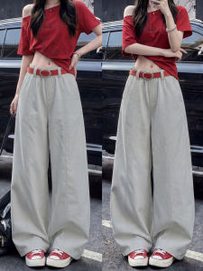 YAYANGREN | Gray American Style Quick-Drying Overalls High-Waisted Ice Silk Wide Leg Trousers