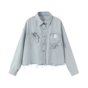 URLAZH Retro Fashionable Short Denim Jacket with Bow Tie for Women Original Design Cotton Straight Cut Long Sleeve Coat