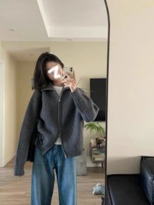 เสื้อสเวตเตอร์ถักคอสูงแบบมีซิปสองช่องสำหรับผู้หญิง ทรงหลวม แขนยาว ปกติ ฤดูใบไม้ร่วง 2025 เสื้อคลุมกันหนาวแบบหนา