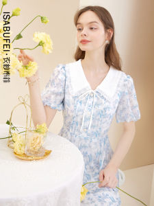 Dream Mountain Summer New Style Womens Dress Butterfly Knot Double Layer Ruffle Doll Collar Sweet Skirt Floral Print Chiffon