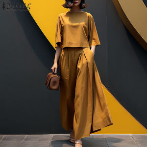 Esolo ZANZEA Women Casual 2PCS Sets 3/4 Sleeve Blouse Tops Wide Leg Loose Pant Suits Solid Outfits