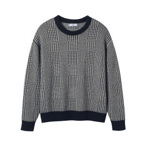 Vintage Glen Plaid round Neck Pullover Sweater Black White Ribbed Cuff Womens Knitwear Straight Cut Long Sleeve Winter Top