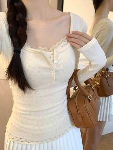 Floral Print Splice Long Sleeve T-Shirt Slim Fit Inner Wear Hot Girl Style Spring Autumn Pure Desire Design Base Layer Top