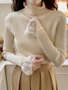 Áo Len Dệt Kim Cổ Cao Ren Viền Dài Tay Thời Trang Thu Xuân Cho Nữ Áo Len Dệt Kim Cổ Tròn Màu Trơn Dáng Ôm Vừa Vặn