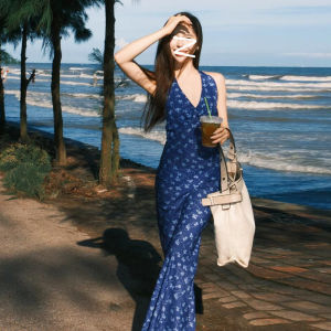 CHANGTONG | Unique French Blue Floral Print Off-Shoulder Long Dress Beach Vacation Sister Style Skirt V-Neck Sleeveless Wrap Around Waist