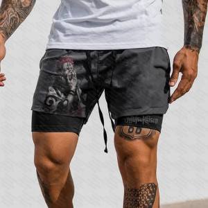 Bandai | Demon Slayer Gray Mens Workout Shorts Kimetsu No Yaiba 2 In 1 Double Layer With Phone Towel Pockets Quick Dry Gym