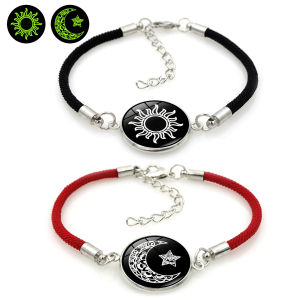 Đôi Mới Vòng đeo tay mặt trời và mặt trăng tình nhân bằng thép không gỉ đá quý dạ quang Vòng đeo tay dây bện điều chỉnh