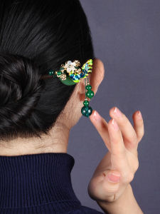 Retro Phoenix Feathers Hairpin Womens Qipao Hair Accessories Green Ancient Style Alloy Hairpin Traditional Chinese Culture