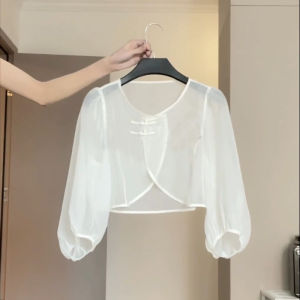 chaqi | Summer Thin Sun Protection Dress Womens Style With Strap Gown Outerwear Chiffon Shawl Cardigan Coat V-Neck Long Sleeve Short Length