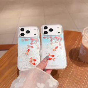 Ốp Điện Thoại iPhone 17 Pro Max/15/16 Pro/13/14 Trong Suốt Màu Xanh Hiệu Ứng Cát Cá Vàng Thiết Kế IMD Hai Lớp Chống Sốc Với Họa Tiết Cát Cá Vàng