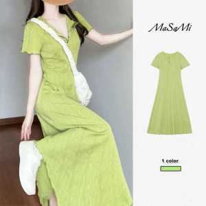 ชุดเดรสยาวแขนสั้นสีเขียวสไตล์ฝรั่งเศส ชุดเดรสยาวเอวสูงสำหรับผู้หญิงในช่วงฤดูร้อน ดีไซน์ใหม่ ชุดเดรสยาวเข้ารูป