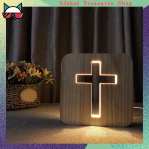Desktop 3D Wooden Cross USB LED Night Light Table Lamp Home Decoration Gift