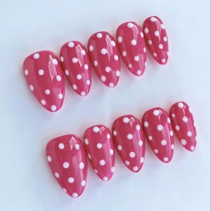10pcs Handmade Pink Polka Dot Press on Nails Brown Black Almond Full Cover Wearable Reusable Sweet False Nails 2026