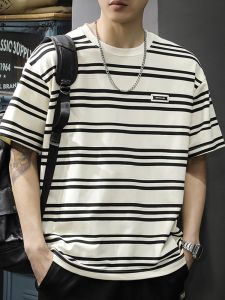 ROMON | Lormen Mens Stripe Short Sleeve T-shirt Summer Ice Silk Thin Round Neck Trendy Print Youth Casual Fashion Top Sea Soul Shirt