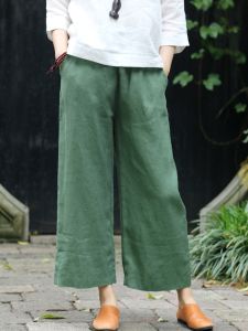 High Waist Loose Fit Cotton Linen Wide Leg Nine Points Casual Artistic Womens Pants Vintage Style Commute Fashion Pear Body Type Summer Thin Model