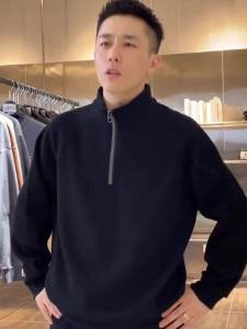 Casual Loose Mens Zip-Up Hoodie Stand Collar Solid Color Texture Autumn New Style Heavyweight Inner Wear T-Shirt