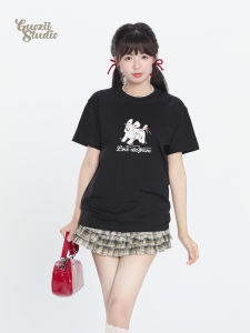 Guozii Black Casual Short Sleeve T-Shirt Womens Sweet Style Dog Print Couple Tops Cotton Combed Summer Fashion Youthful