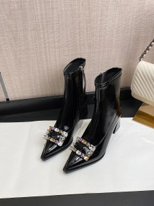 Elegant Womens Mid-Calf Boot with Side Zipper And Diamond Detailing High Heel Fashionable Elastic Cowhide Leather Booties