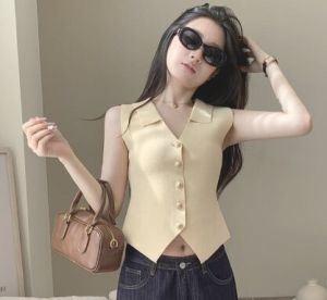 Heabety 🔥🔥🔥เสื้อกั๊กถักผู้หญิงคอวีแขนกุดกระดุมแถวเดียวสำหรับผู้หญิง