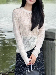 QINGNAER | Elegant Lacy Long-Sleeve Sheer Knitwear Laid-Back Style