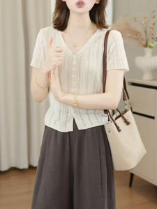 V.C.I | Lace Hollow V-Neck Short Sleeve Ice Silk Womens Top Thin Summer